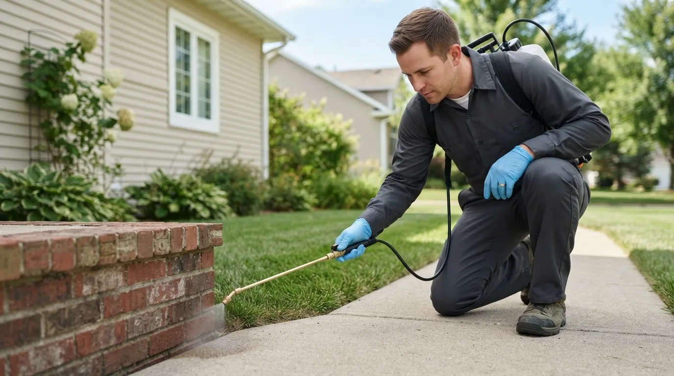 Pest control technician treating a home near The Villages, FL
