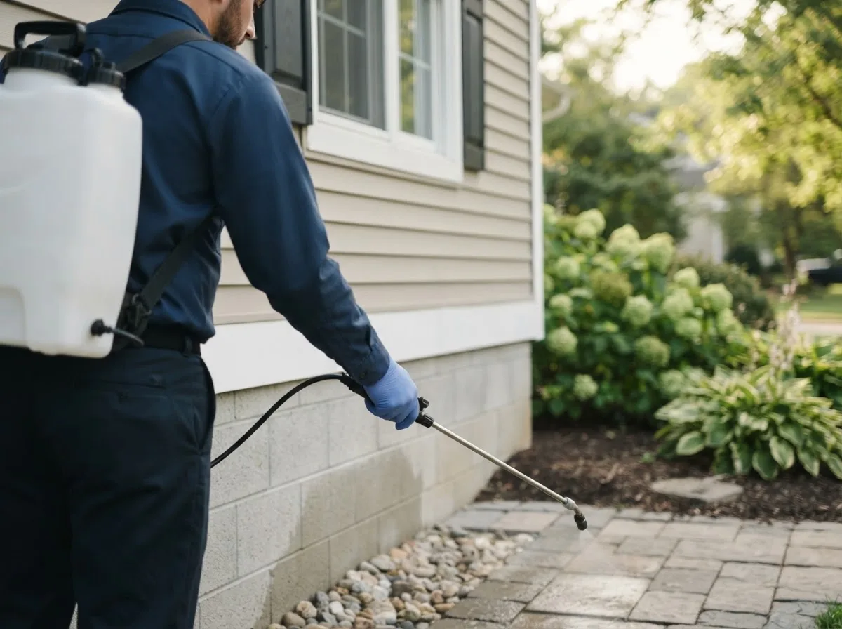 Pest control technician inspecting a home in The Villages, FL